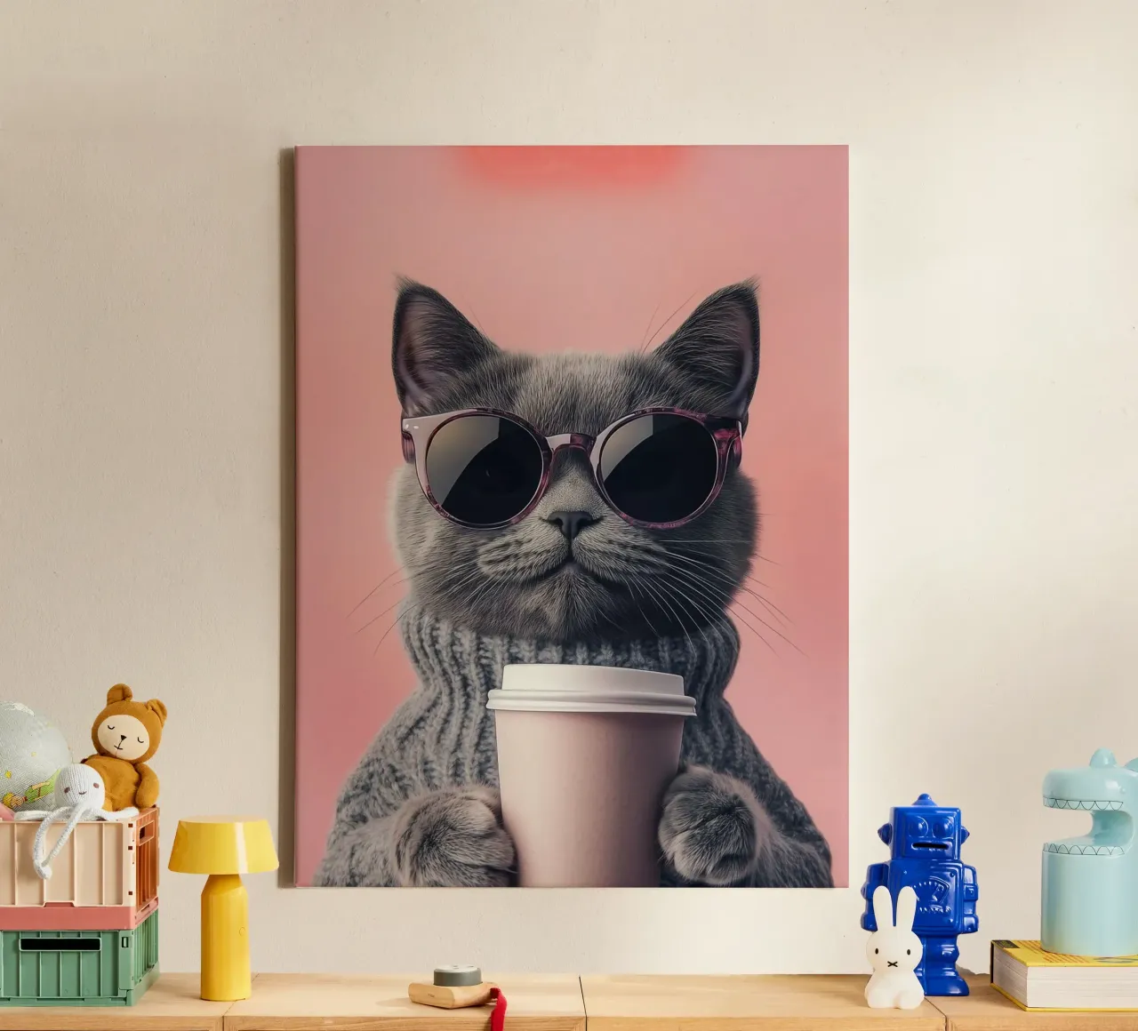 cat cool with coffee lienzo con Marco flotante de sunity