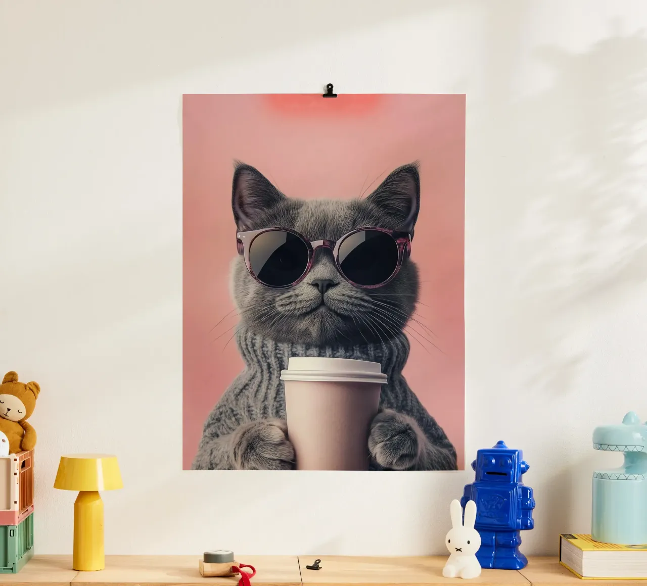 cat cool with coffee poster con telaio in legno da sunity
