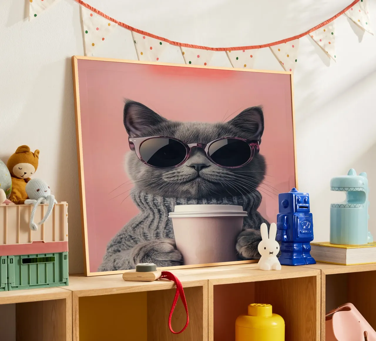 cat cool with coffee poster con telaio in legno da sunity