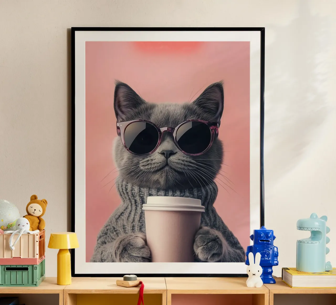 cat cool with coffee poster con telaio in legno da sunity