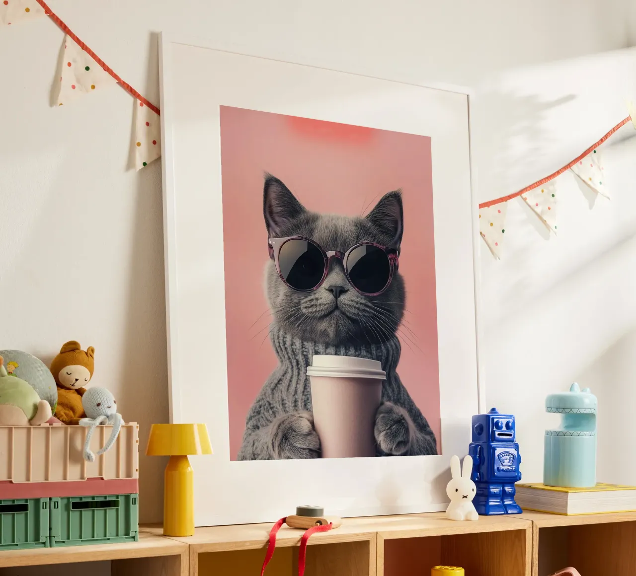 cat cool with coffee poster con telaio in legno da sunity