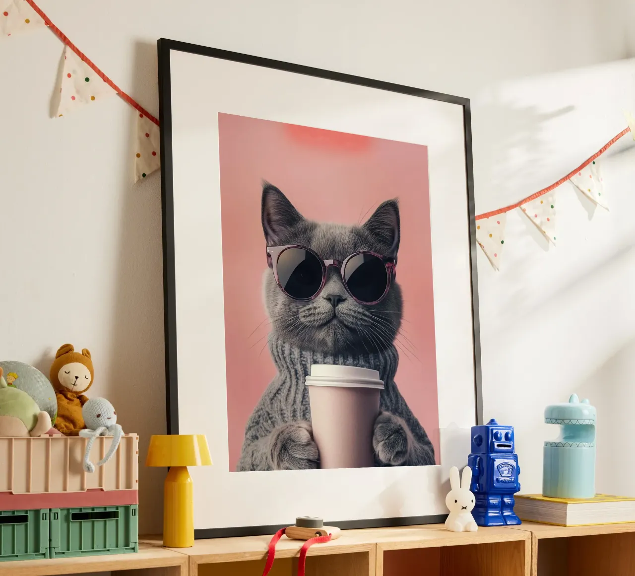 cat cool with coffee poster con telaio in legno da sunity