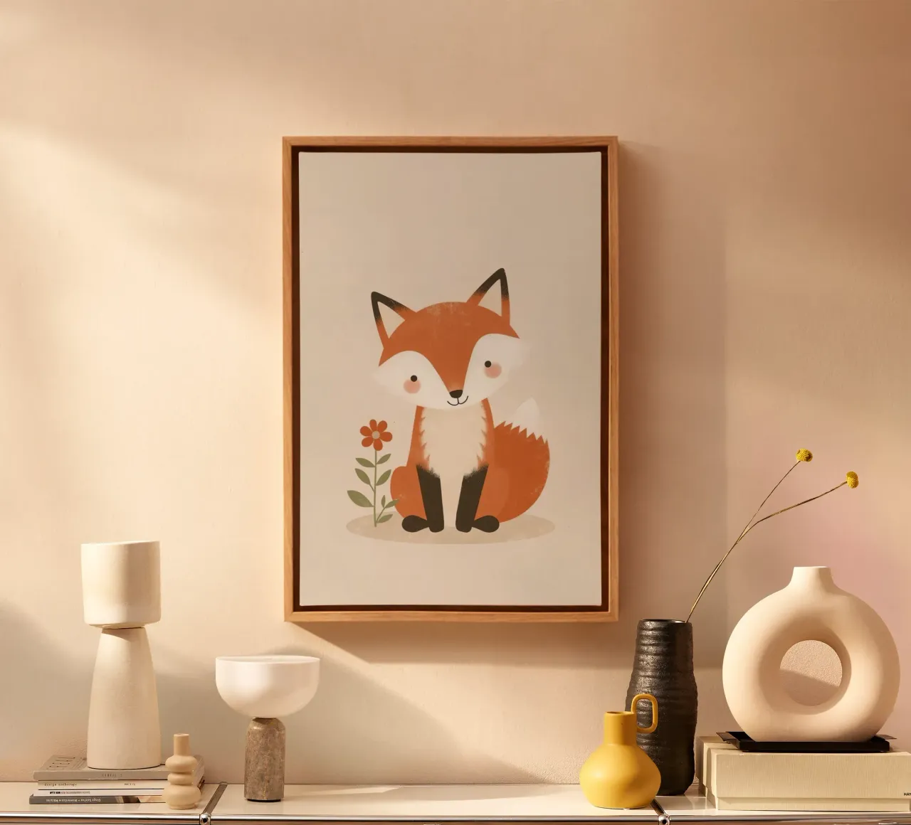 Volpe carina dei cartoni animati seduta accanto a un fiore tela con Cornice a cassetta da DesignDoodle