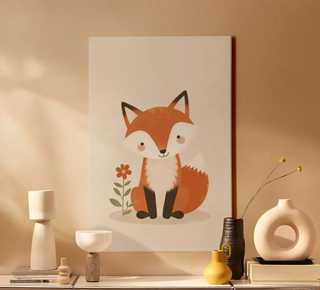 Volpe carina dei cartoni animati seduta accanto a un fiore tela con Cornice a cassetta da DesignDoodle