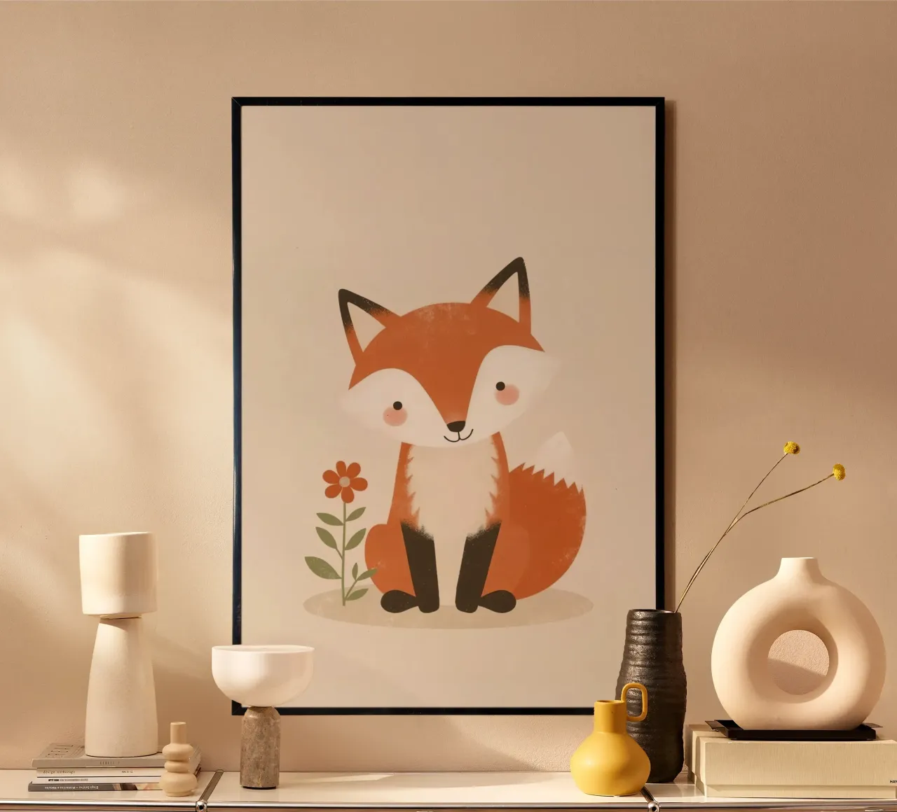 Volpe carina dei cartoni animati seduta accanto a un fiore poster da DesignDoodle
