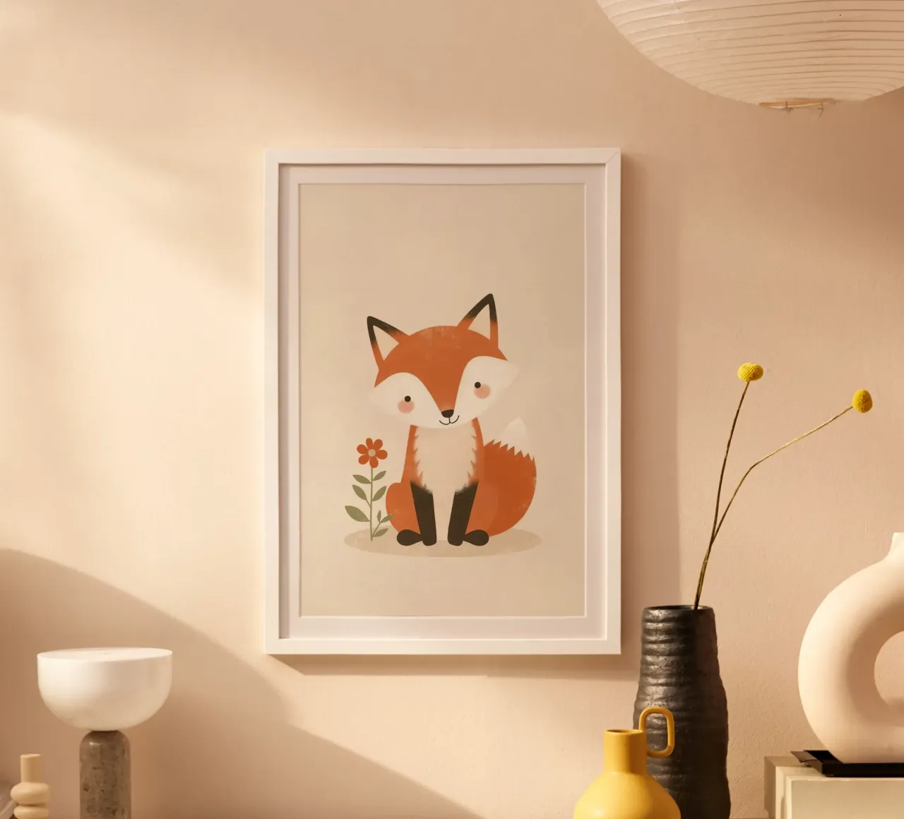 Volpe carina dei cartoni animati seduta accanto a un fiore poster da DesignDoodle