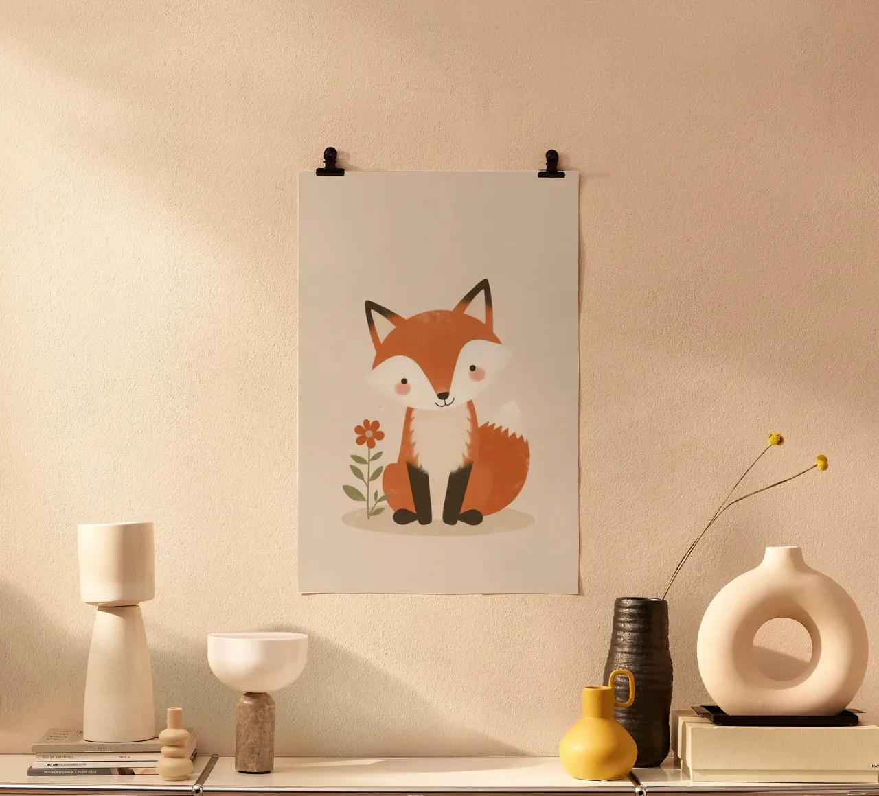 Volpe carina dei cartoni animati seduta accanto a un fiore poster da DesignDoodle