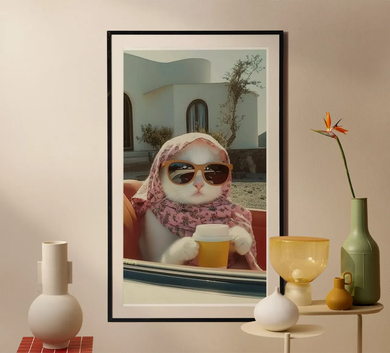 cat chill in car with coffee poster con telaio in legno da firmana