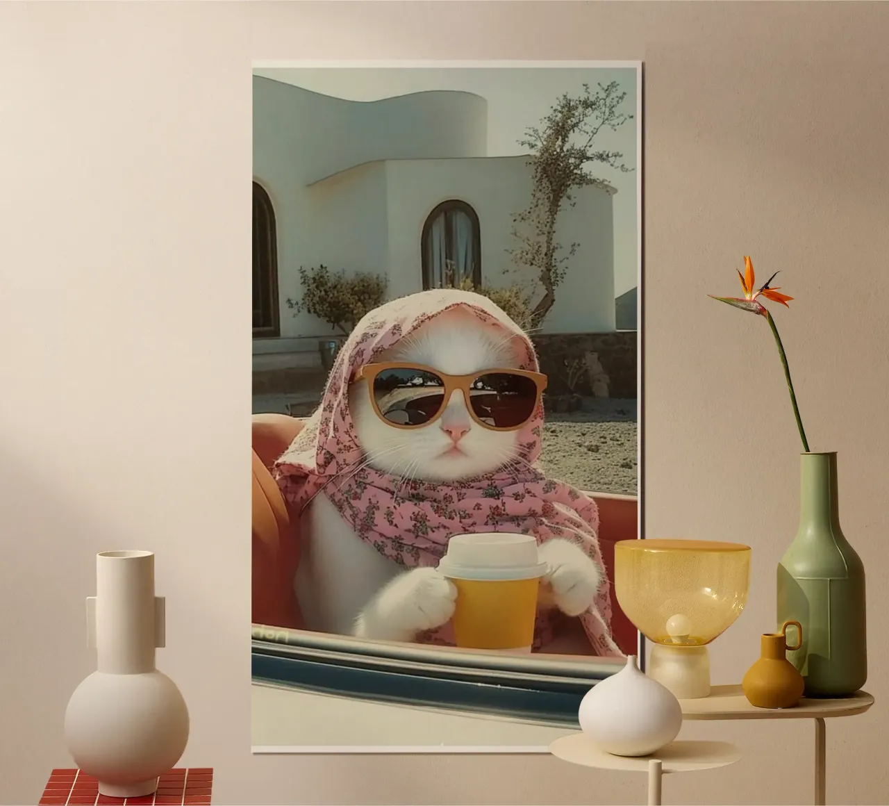 cat chill in car with coffee poster con telaio in legno da firmana