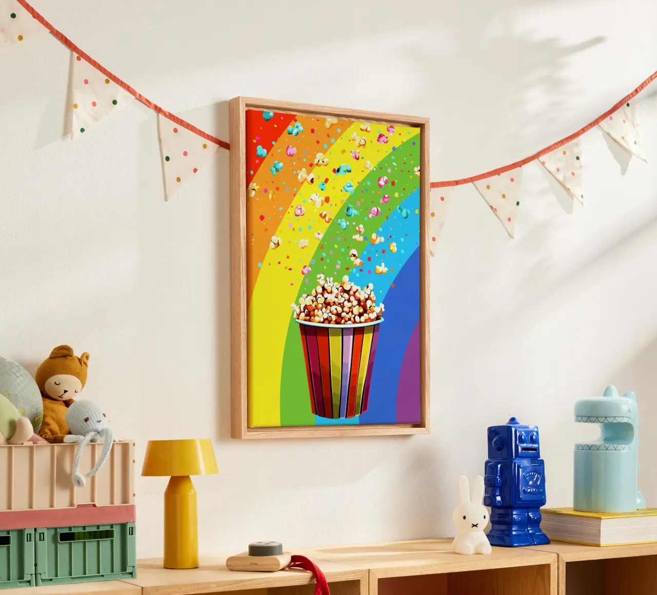 Explosión de palomitas en el arco iris lienzo con Marco flotante de pixelbull - medieval art and more
