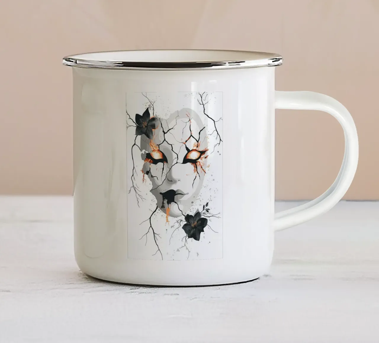 Maschera rotta con sguardo di fuoco tazza in smalto da pixelbull - medieval art and more