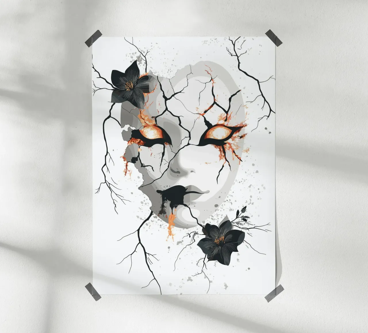 Maschera rotta con sguardo di fuoco poster con telaio in plastica da pixelbull - medieval art and more