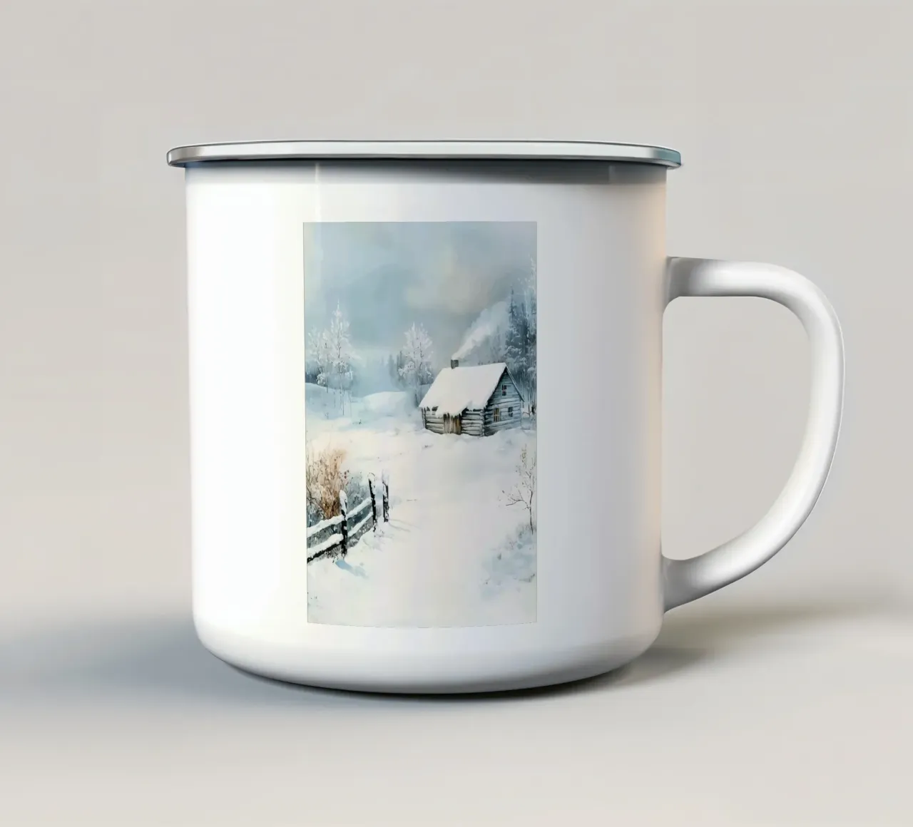 Capanna innevata in un tranquillo paesaggio invernale tazza in smalto da pixelbull - medieval art and more