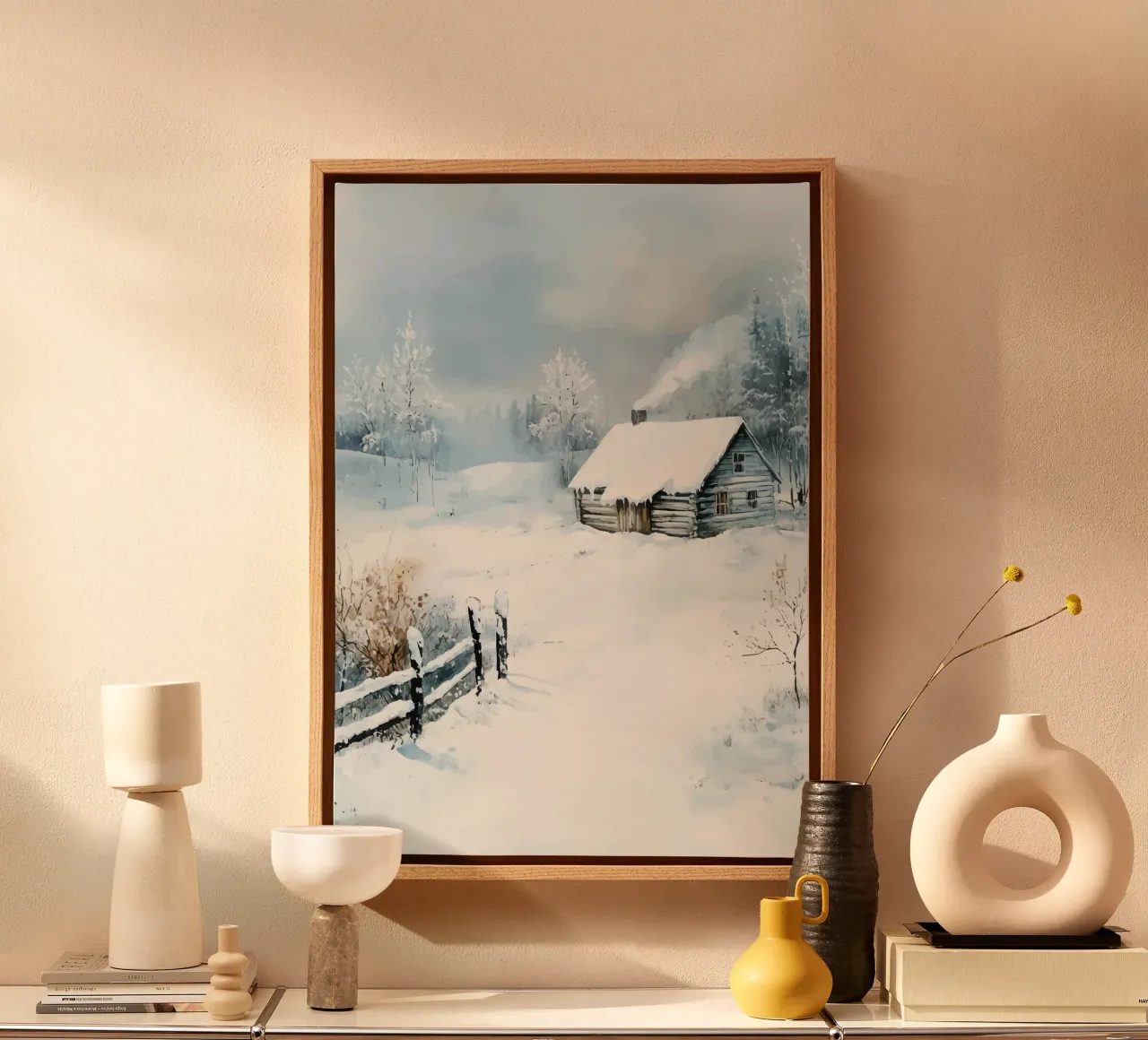 Snow-covered hut in a quiet winter landscape canvas with Floater frame by pixelbull - medieval art and more