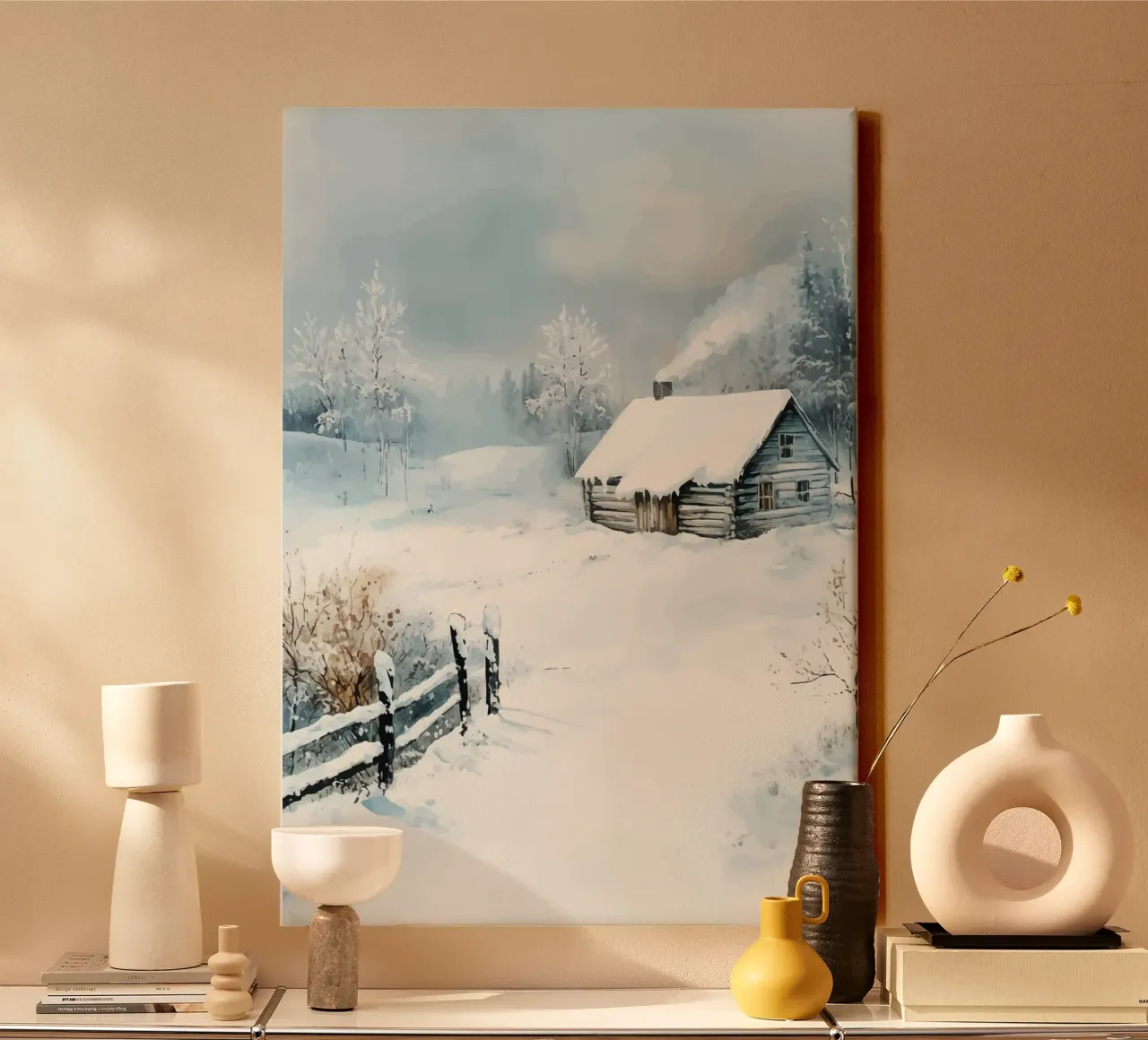 Snow-covered hut in a quiet winter landscape canvas with Floater frame by pixelbull - medieval art and more