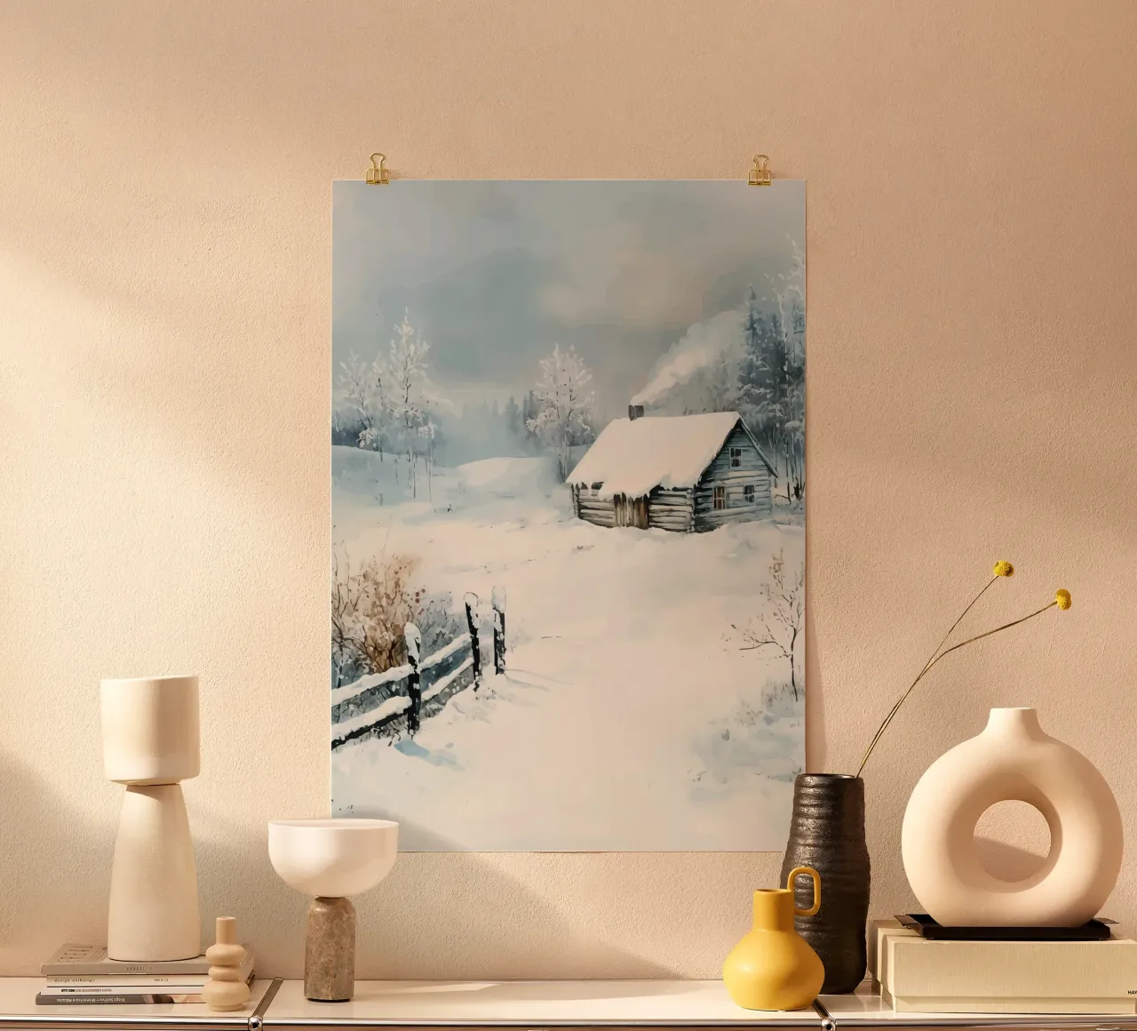 Capanna innevata in un tranquillo paesaggio invernale poster da pixelbull - medieval art and more