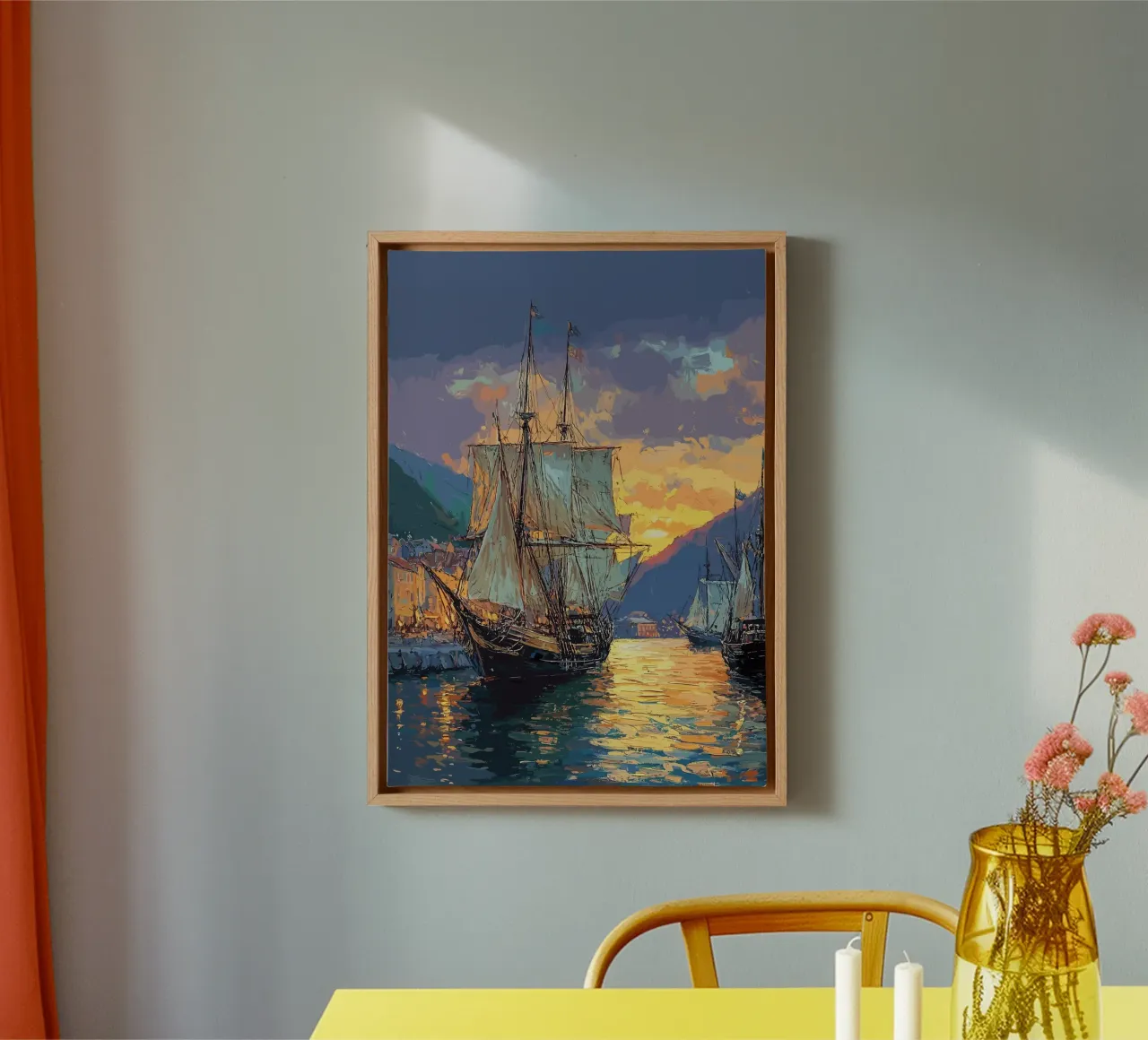 Historisches Segelschiff im Abendlicht Leinwand mit Schattenfugenrahmen von pixelbull - medieval art and more