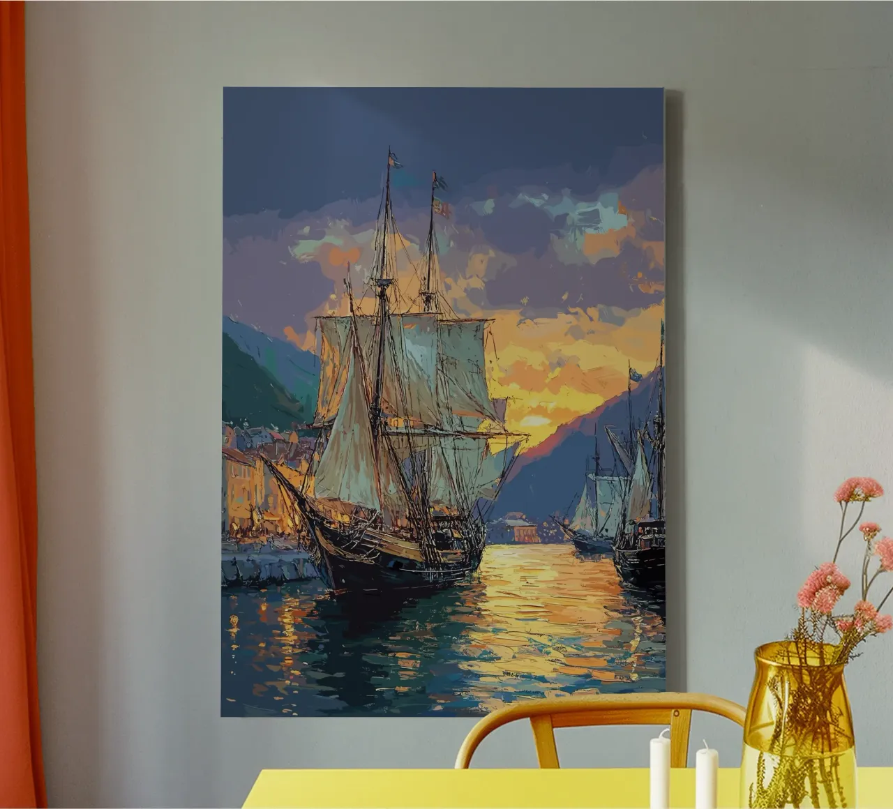 Historisches Segelschiff im Abendlicht Leinwand mit Schattenfugenrahmen von pixelbull - medieval art and more
