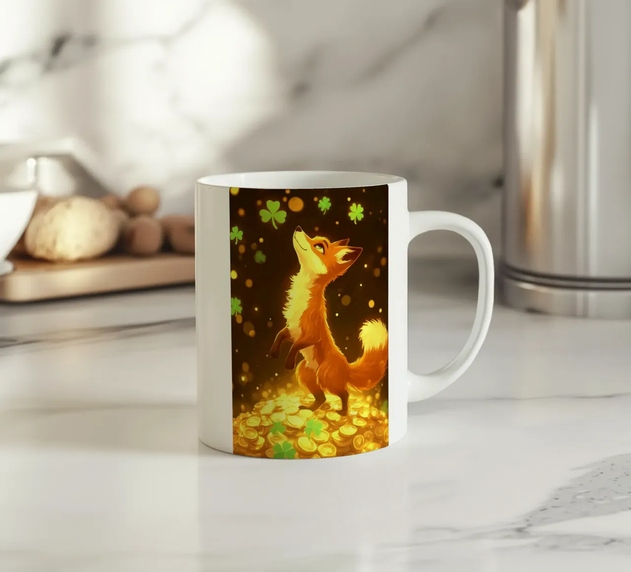 Volpe su oro con trifoglio portafortuna tazza in ceramica da pixelbull - medieval art and more