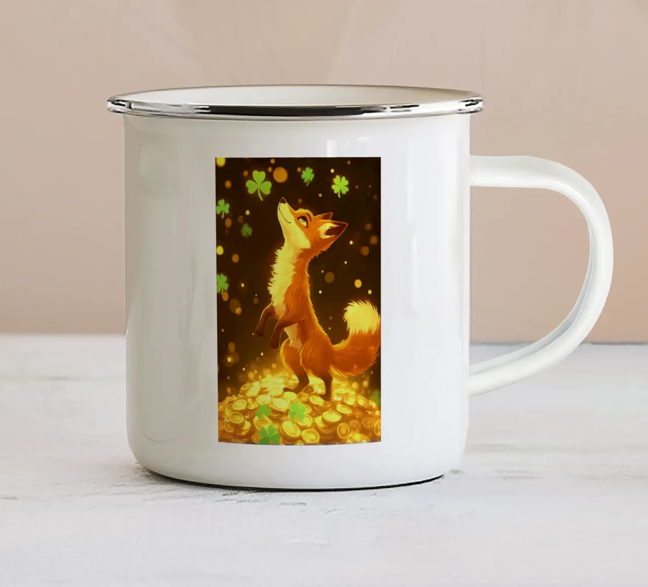 Volpe su oro con trifoglio portafortuna tazza in smalto da pixelbull - medieval art and more