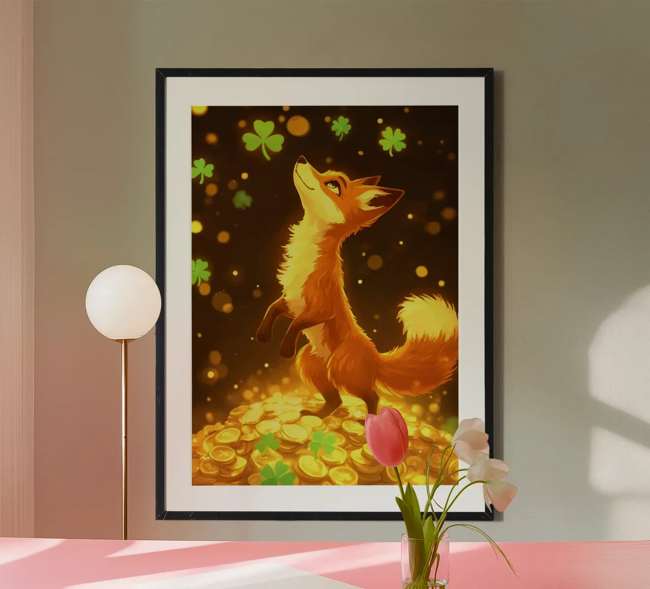 Volpe su oro con trifoglio portafortuna poster da pixelbull - medieval art and more