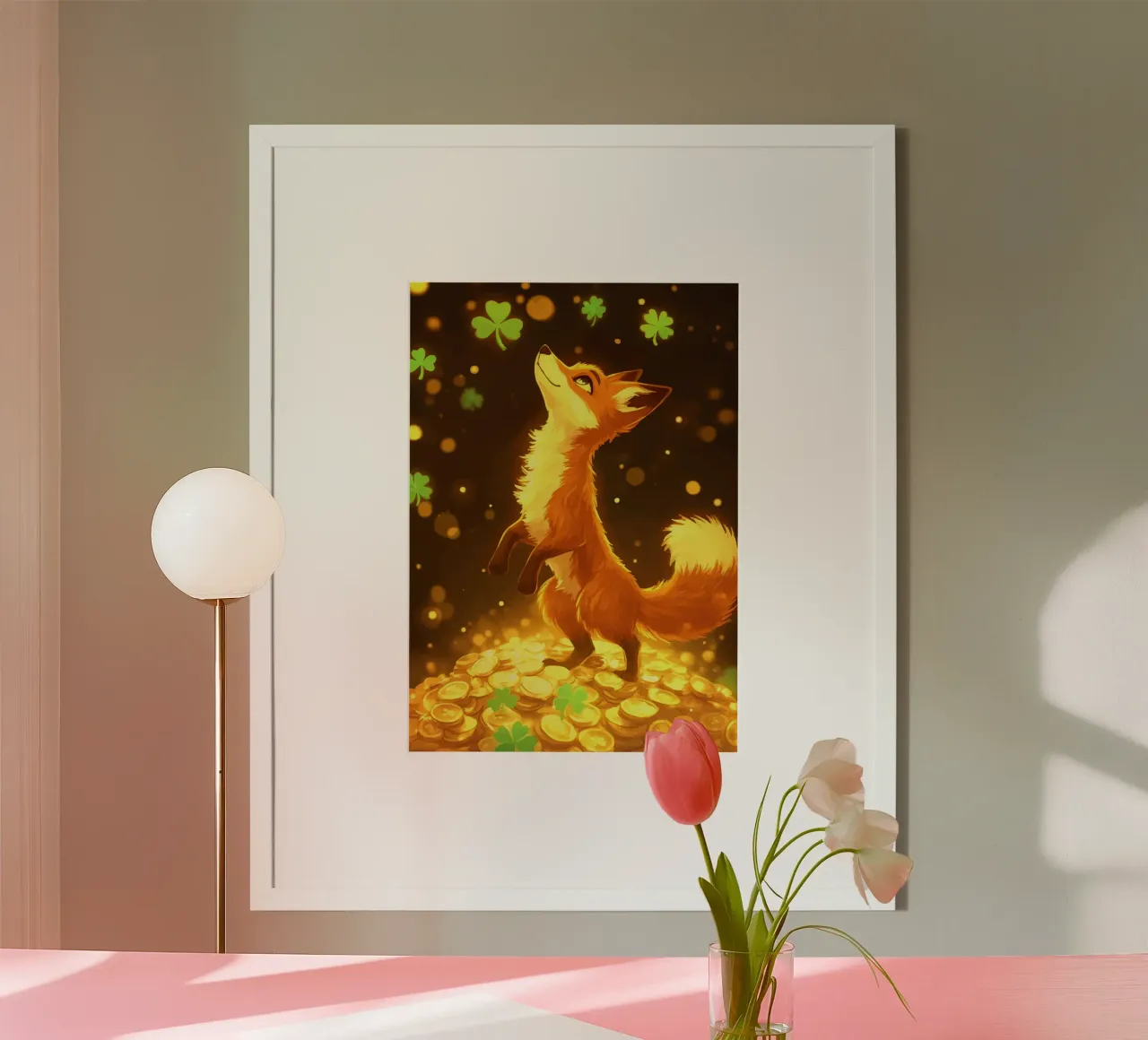 Volpe su oro con trifoglio portafortuna poster da pixelbull - medieval art and more