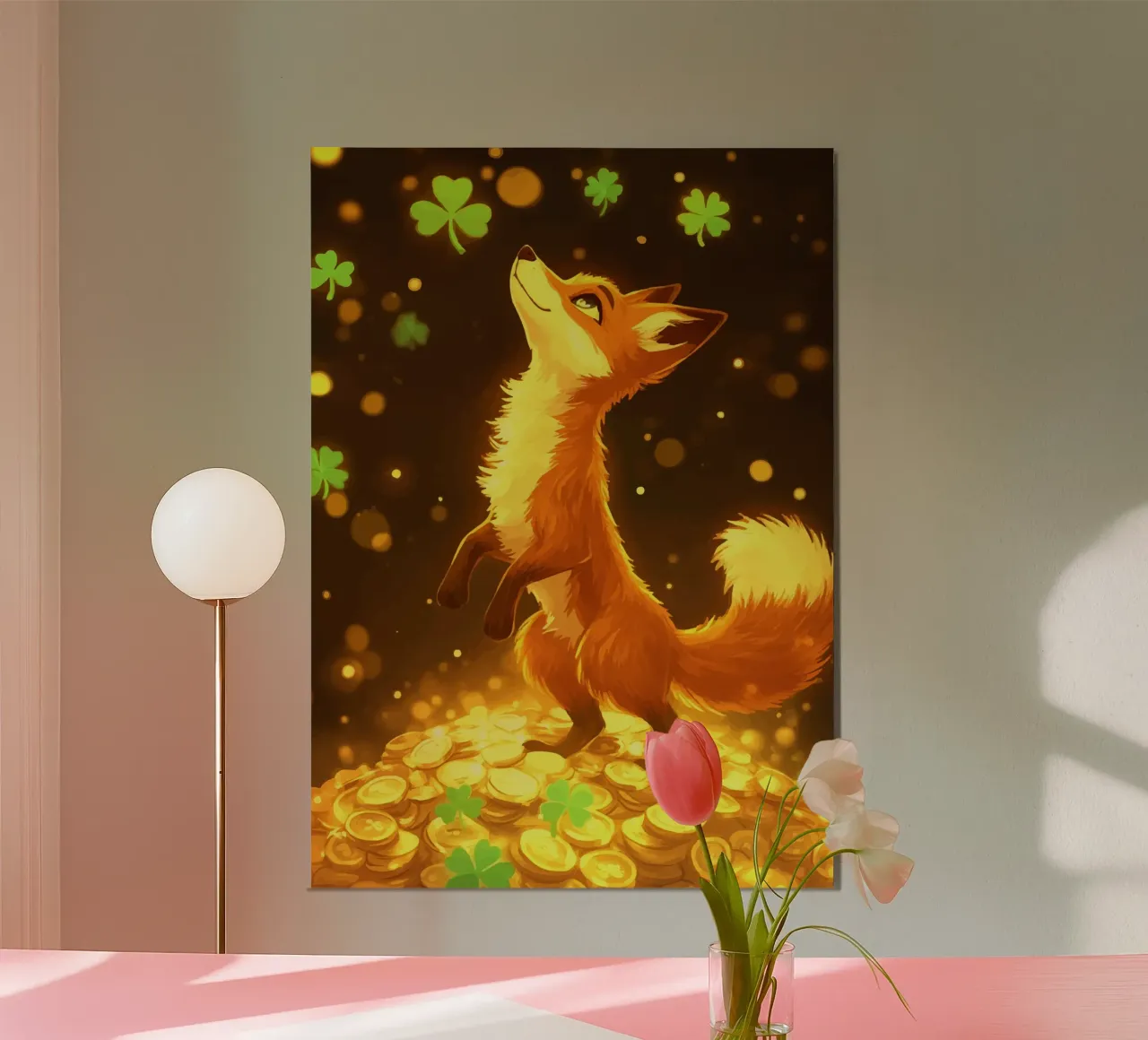 Volpe su oro con trifoglio portafortuna poster da pixelbull - medieval art and more