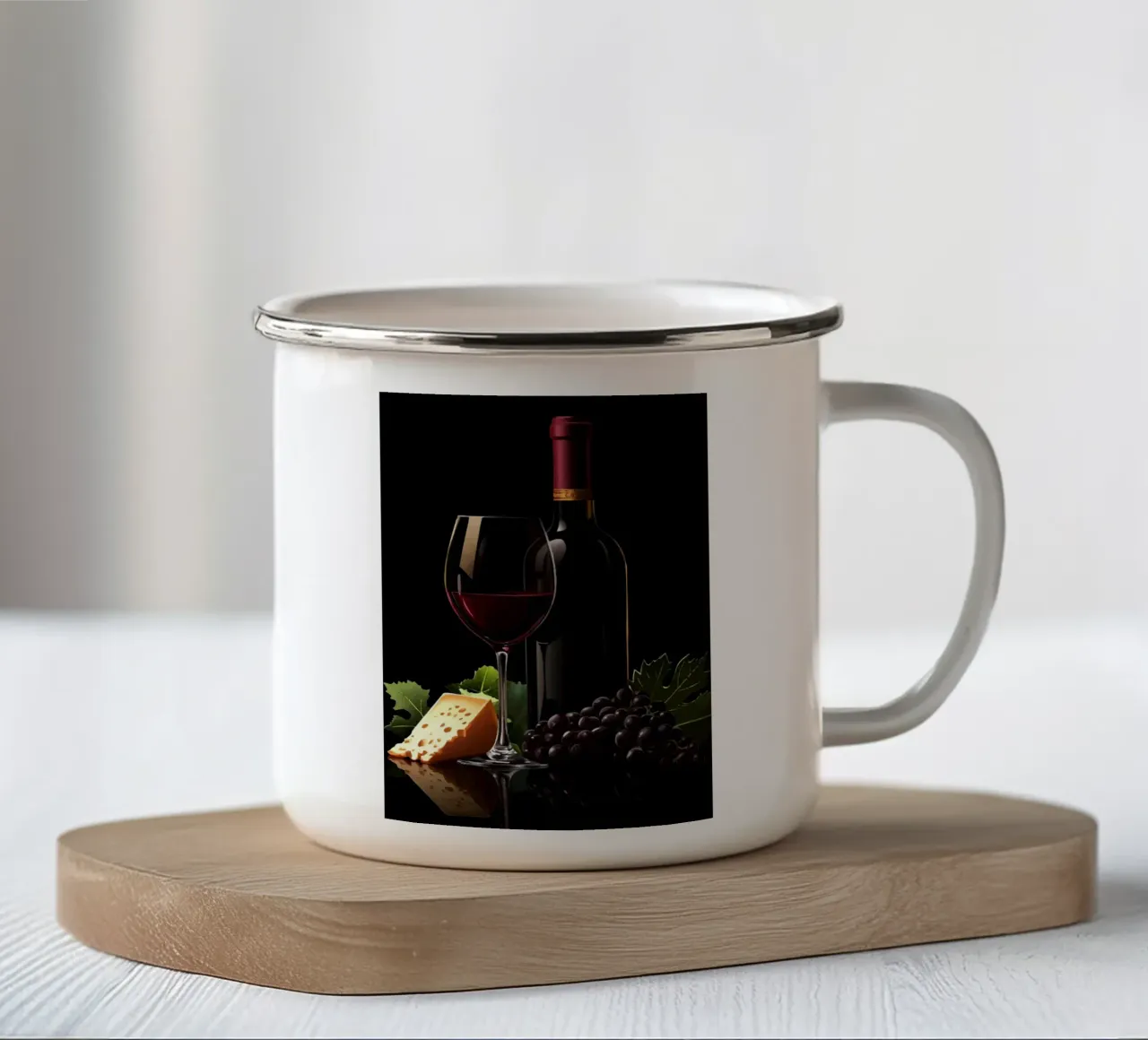 Vino, formaggio e uva alla ribalta tazza in smalto da pixelbull - medieval art and more
