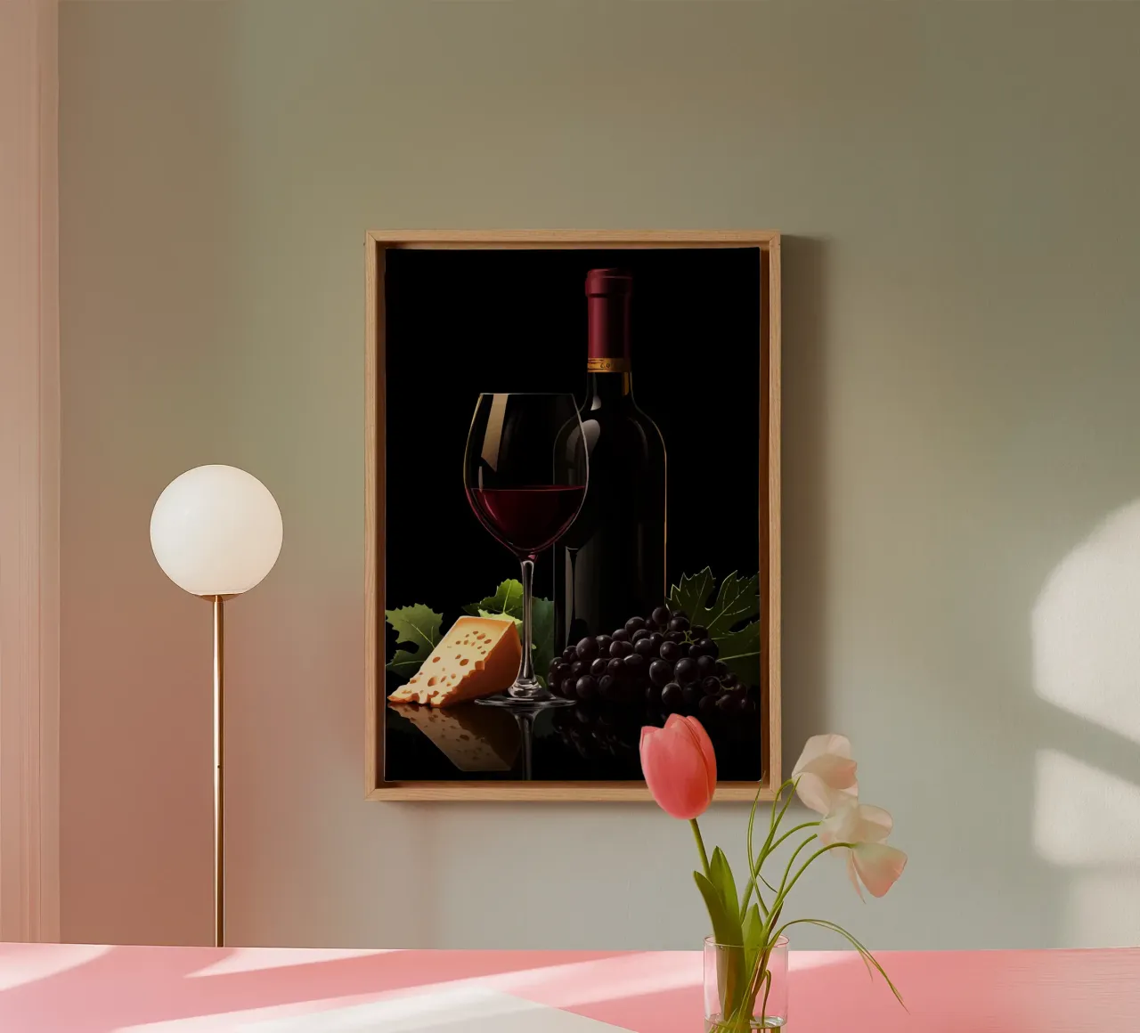 Wein, Käse und Trauben in Szene gesetzt Leinwand mit Schattenfugenrahmen von pixelbull - medieval art and more