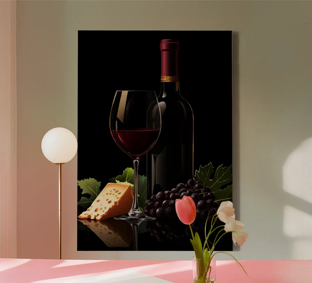 Wein, Käse und Trauben in Szene gesetzt Leinwand mit Schattenfugenrahmen von pixelbull - medieval art and more
