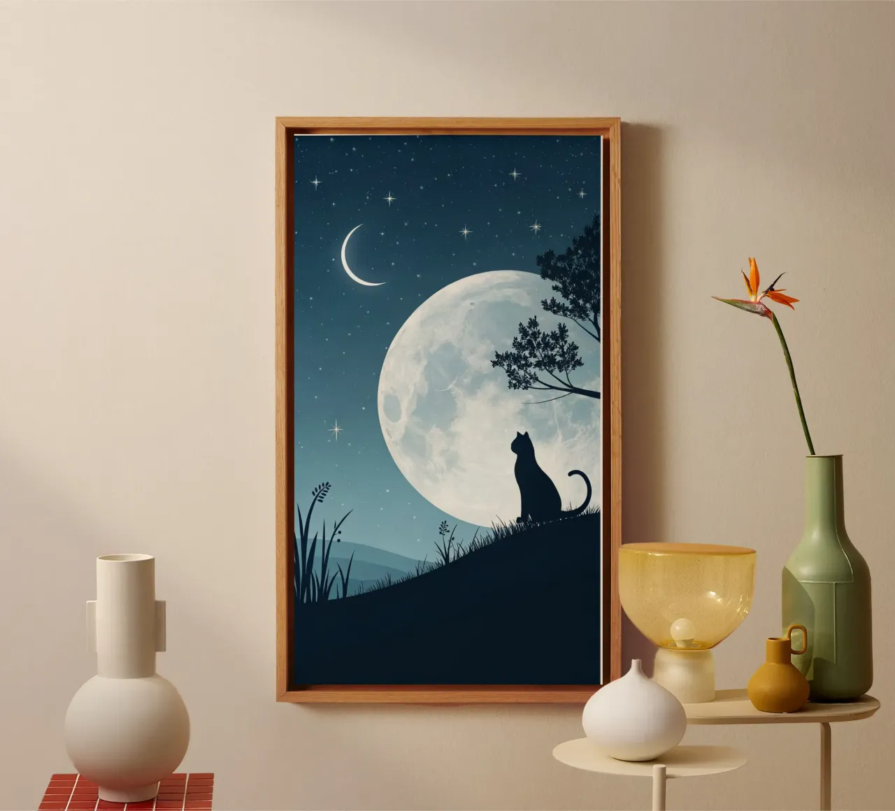cat in peace moonight canvas met Baklijst van firmana