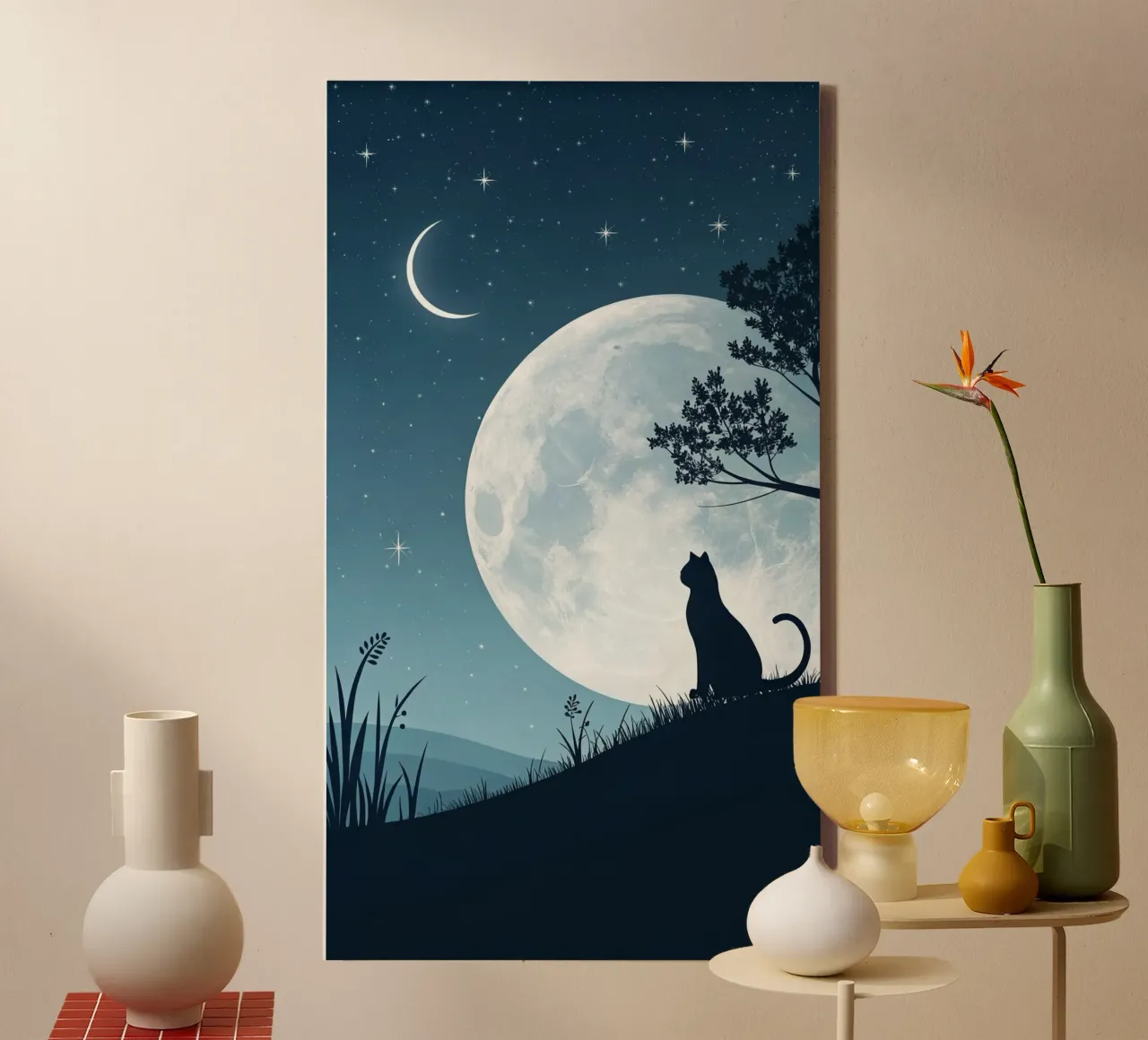 cat in peace moonight canvas met Baklijst van firmana