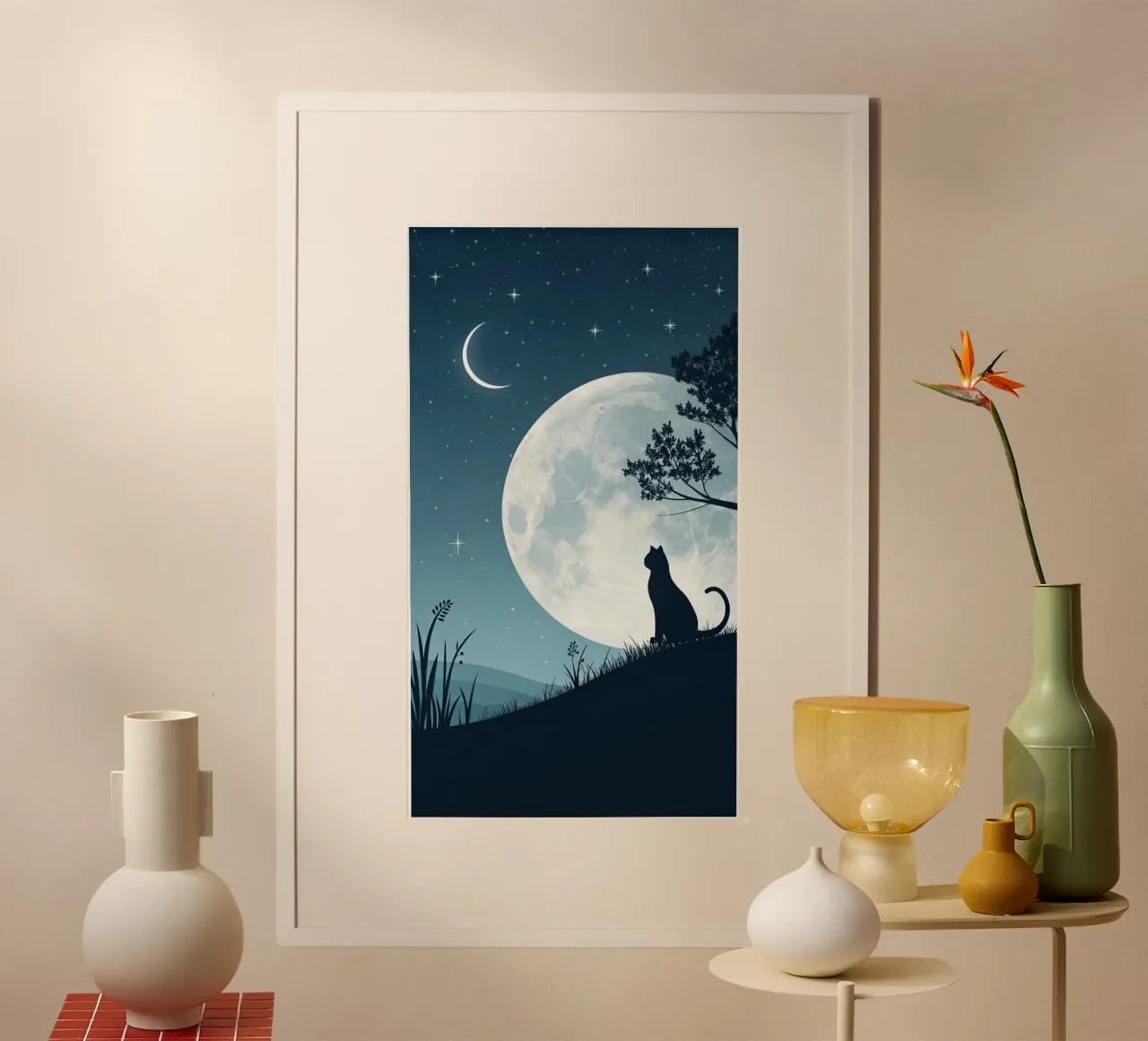 cat in peace moonight poster con telaio in alluminio da firmana