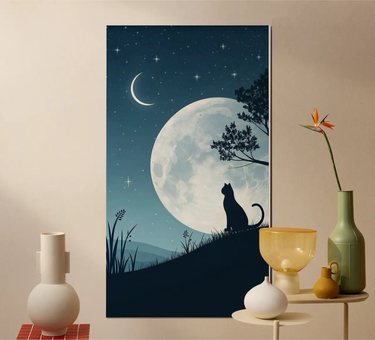 cat in peace moonight poster con telaio in alluminio da firmana