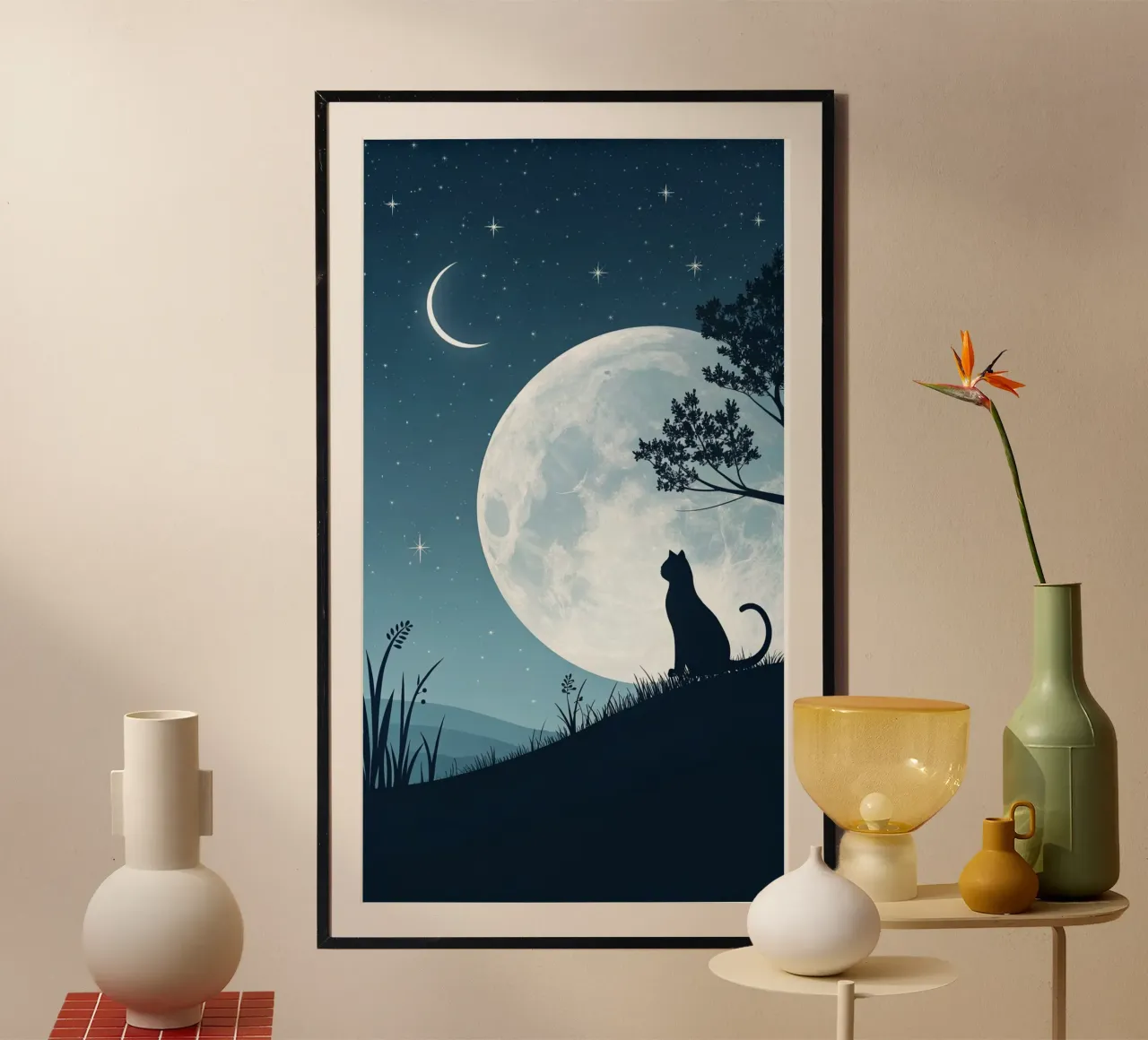 cat in peace moonight poster con telaio in alluminio da firmana