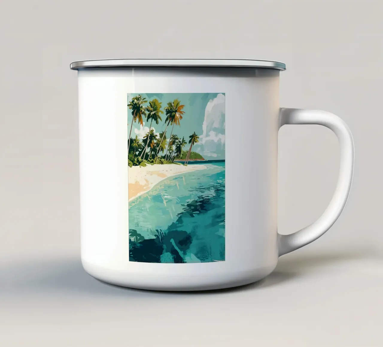 Spiaggia tropicale con mare color turchese tazza in smalto da pixelbull - medieval art and more
