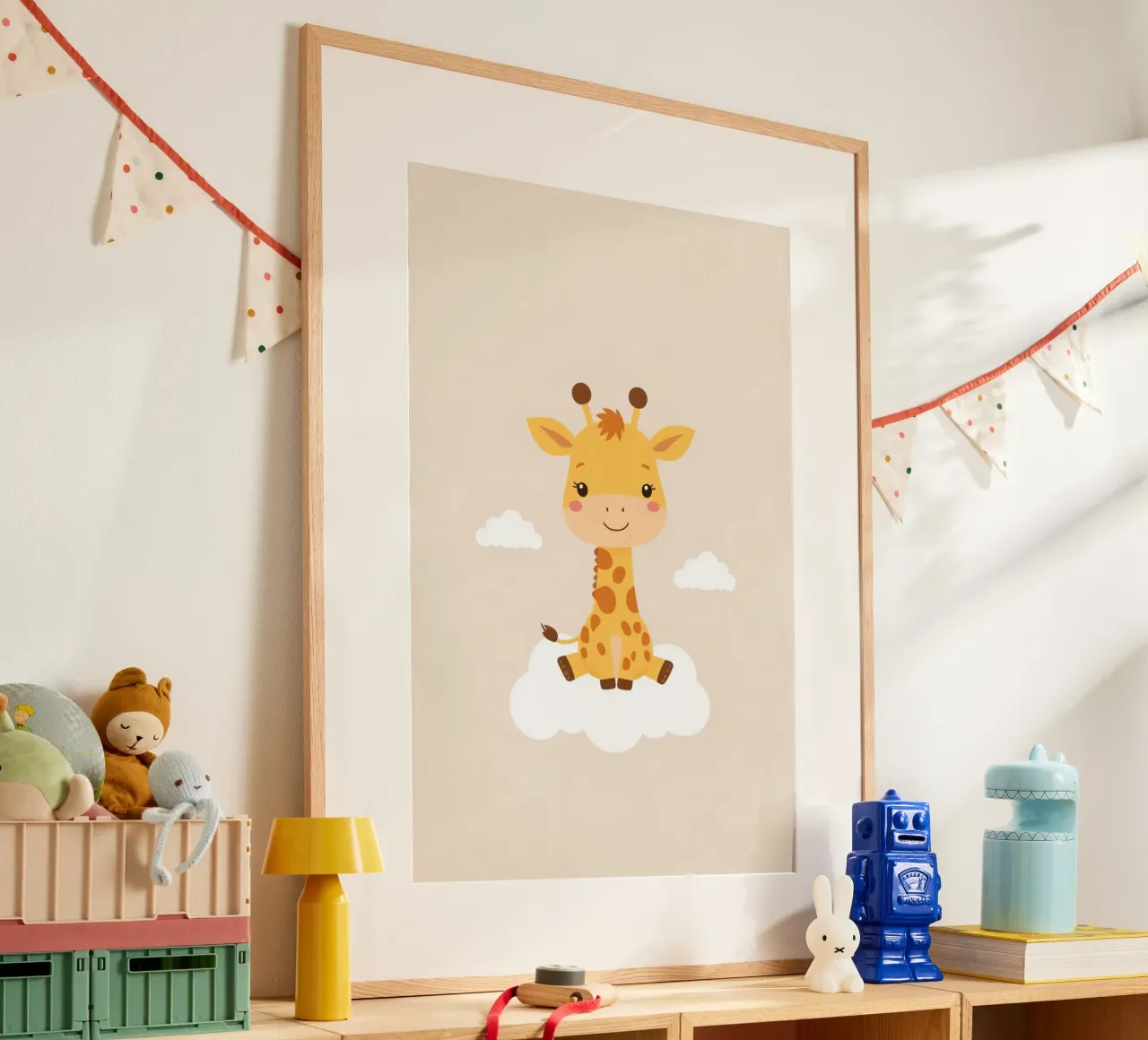 Carino cartone animato Giraffa seduto su una nuvola poster da DesignDoodle