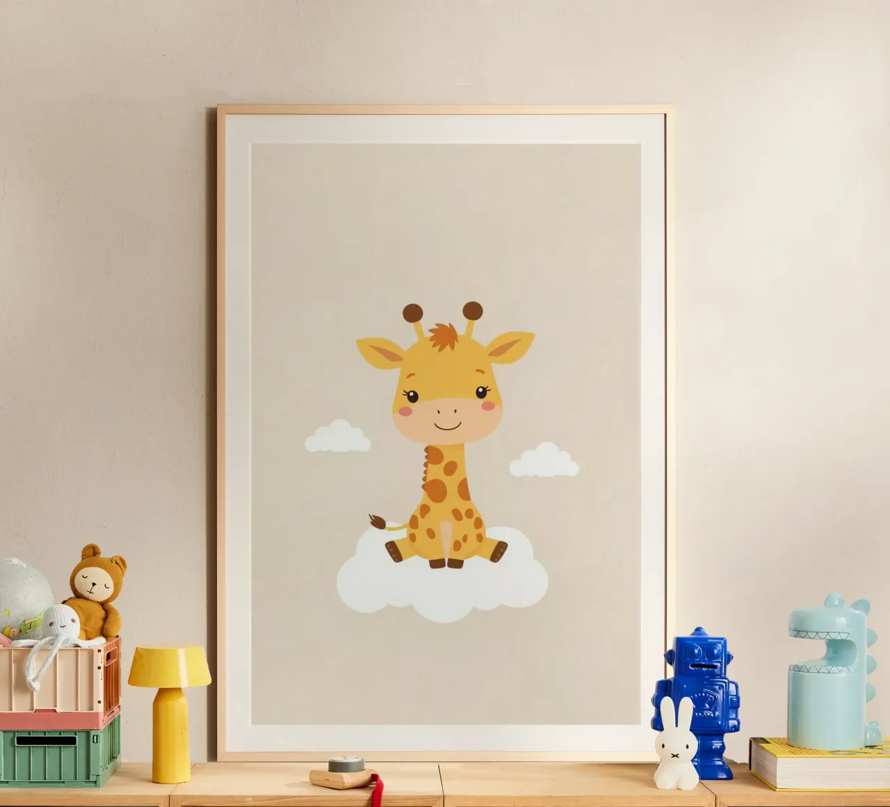 Carino cartone animato Giraffa seduto su una nuvola poster da DesignDoodle