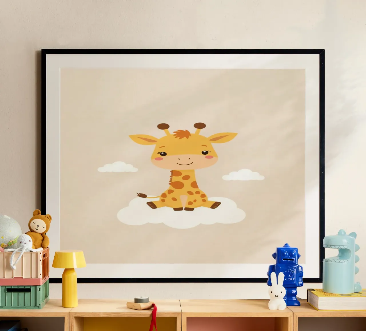 Carino cartone animato Giraffa seduto su una nuvola poster da DesignDoodle
