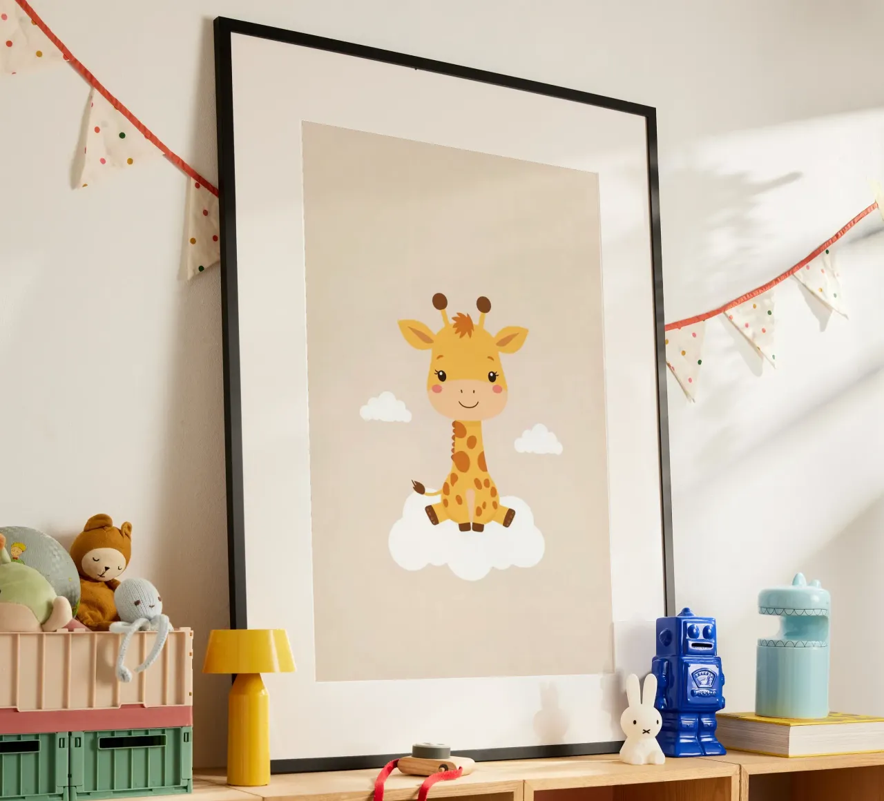 Carino cartone animato Giraffa seduto su una nuvola poster da DesignDoodle