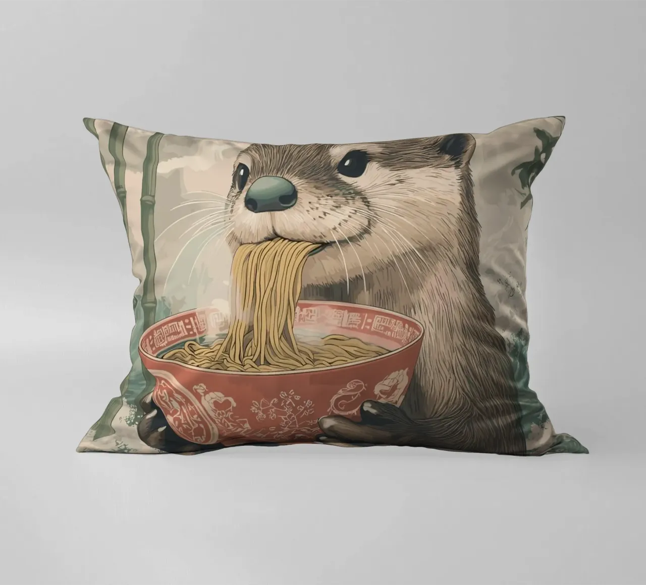 Lontra con ramen in una marea di Estremo Oriente cuscino da pixelbull - medieval art and more