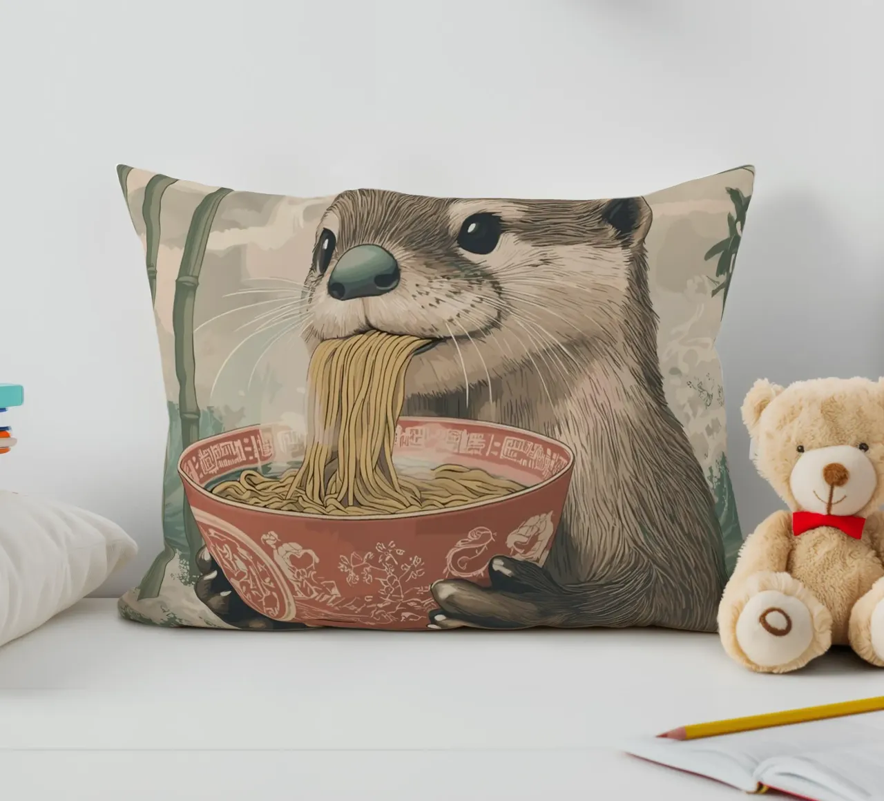 Lontra con ramen in una marea di Estremo Oriente cuscino da pixelbull - medieval art and more
