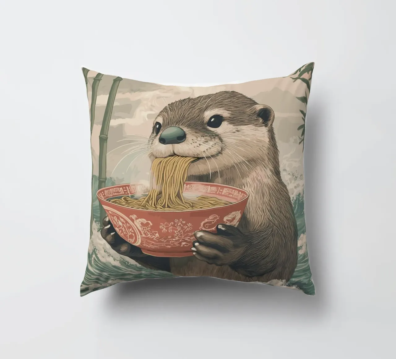 Lontra con ramen in una marea di Estremo Oriente cuscino da pixelbull - medieval art and more