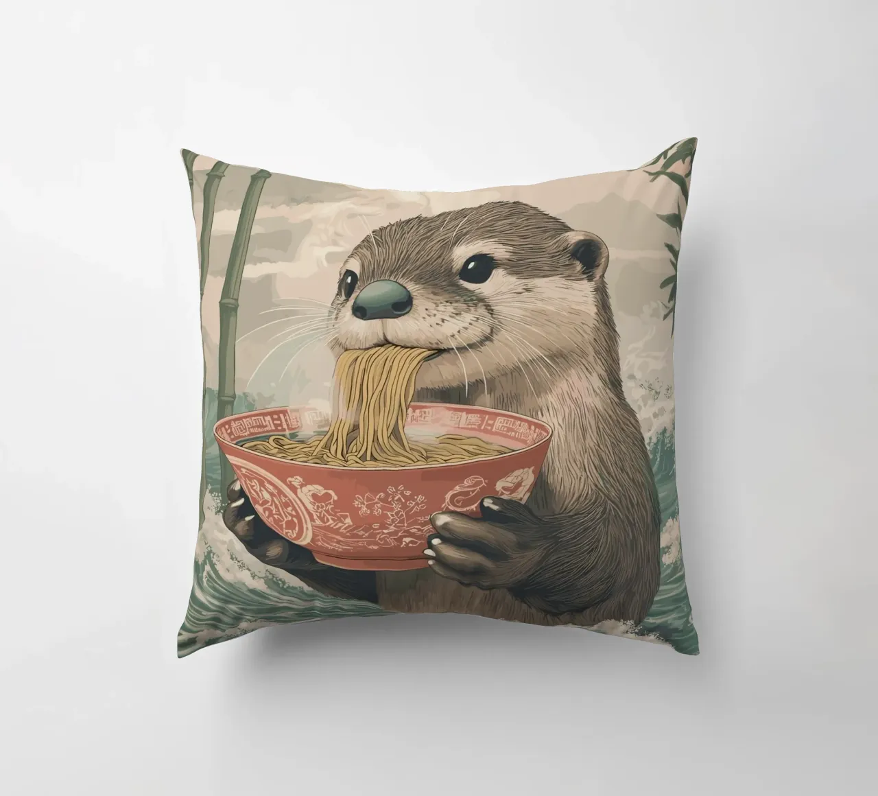 Lontra con ramen in una marea di Estremo Oriente cuscino da pixelbull - medieval art and more