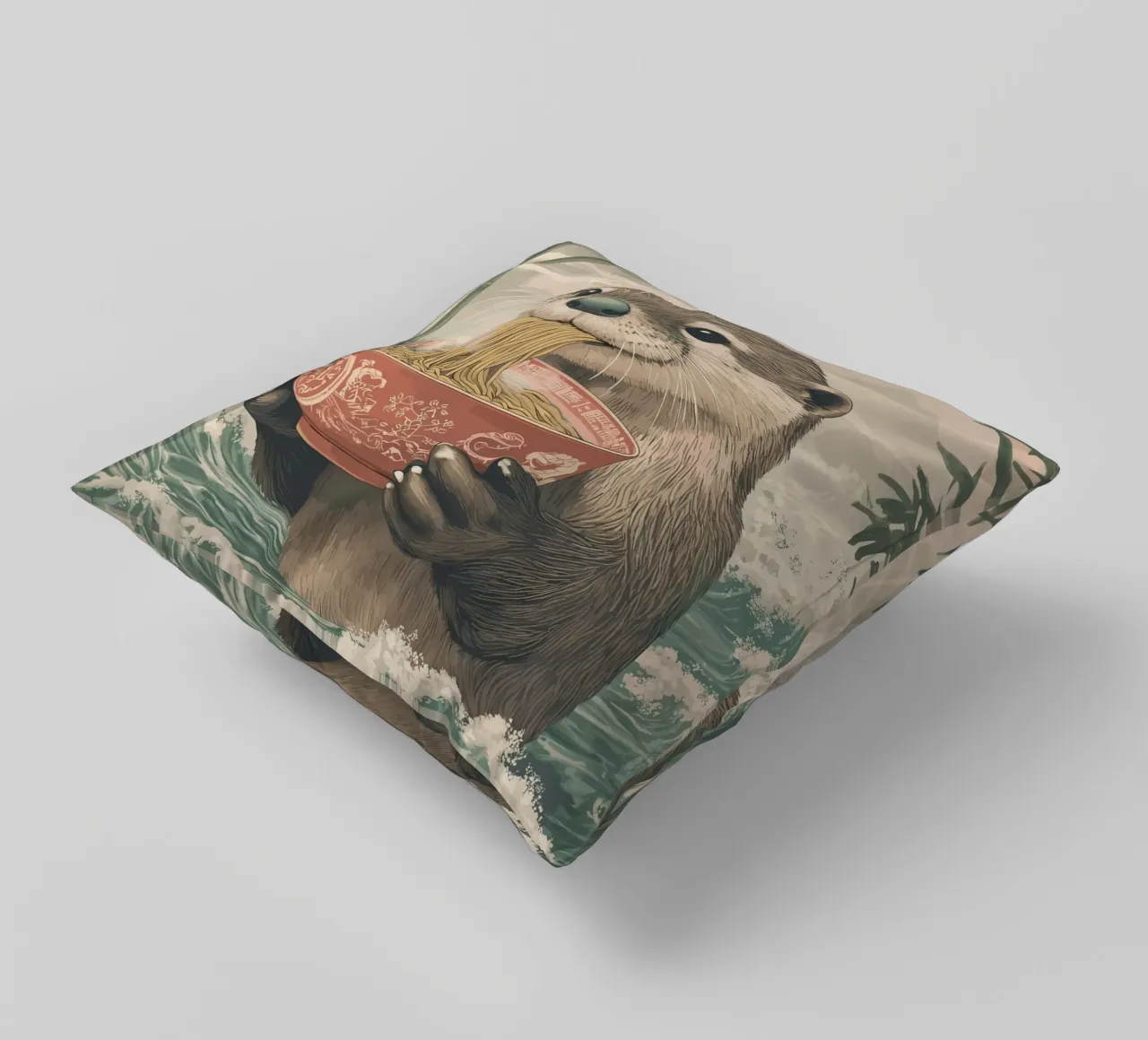 Lontra con ramen in una marea di Estremo Oriente cuscino da pixelbull - medieval art and more