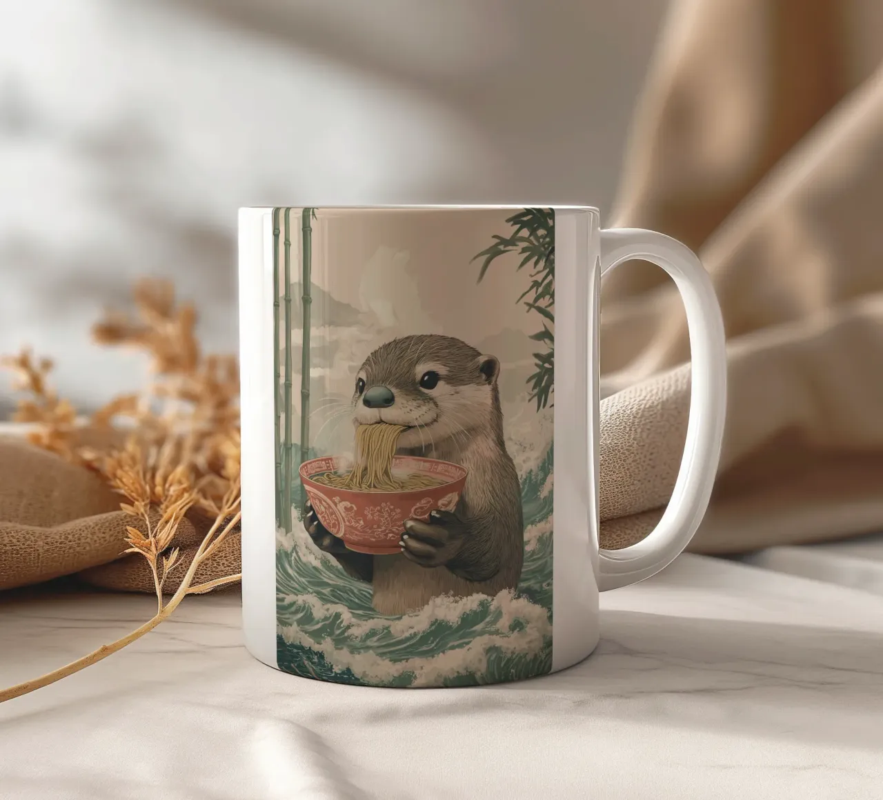Lontra con ramen in una marea di Estremo Oriente tazza in ceramica da pixelbull - medieval art and more