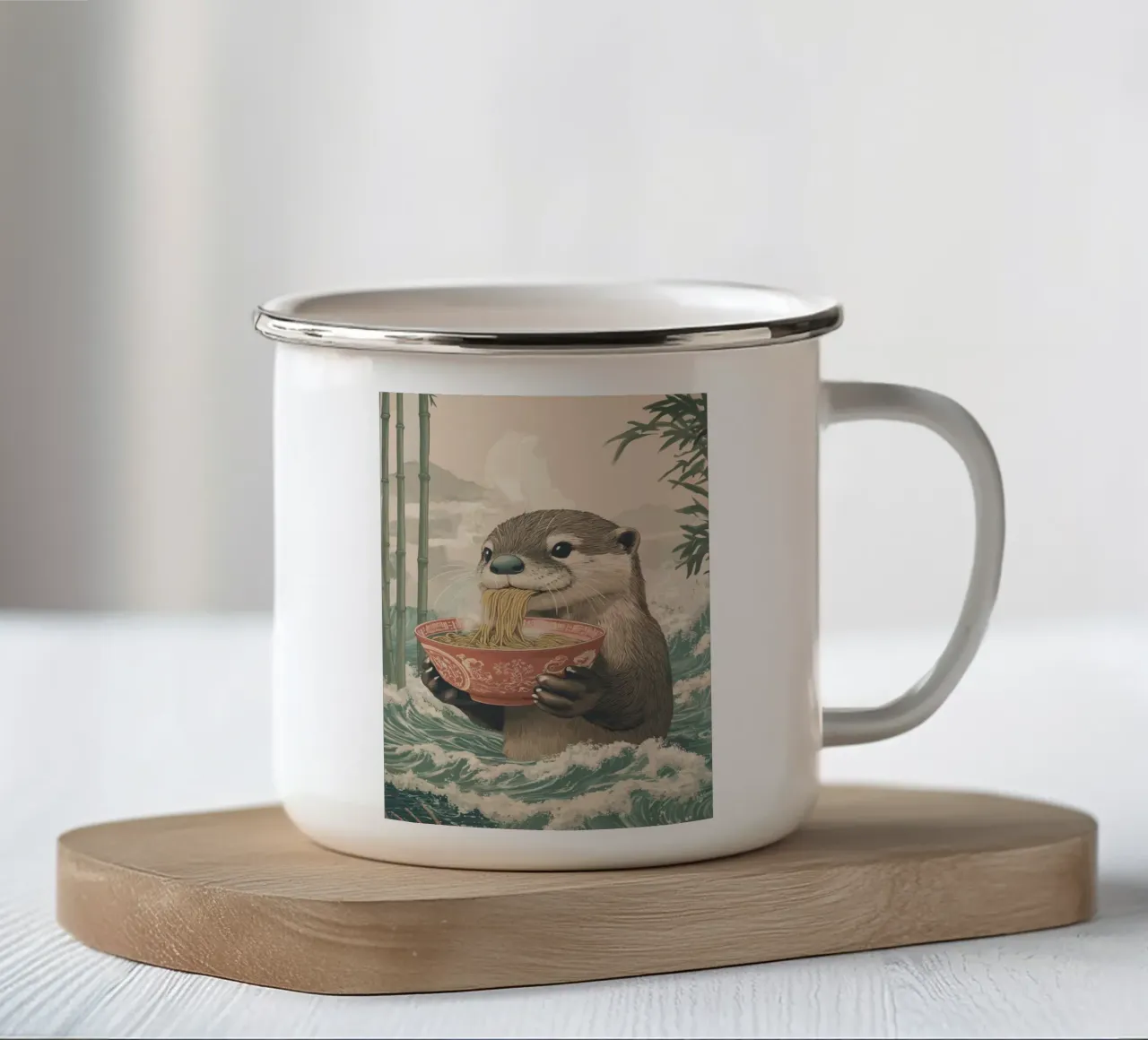 Lontra con ramen in una marea di Estremo Oriente tazza in smalto da pixelbull - medieval art and more