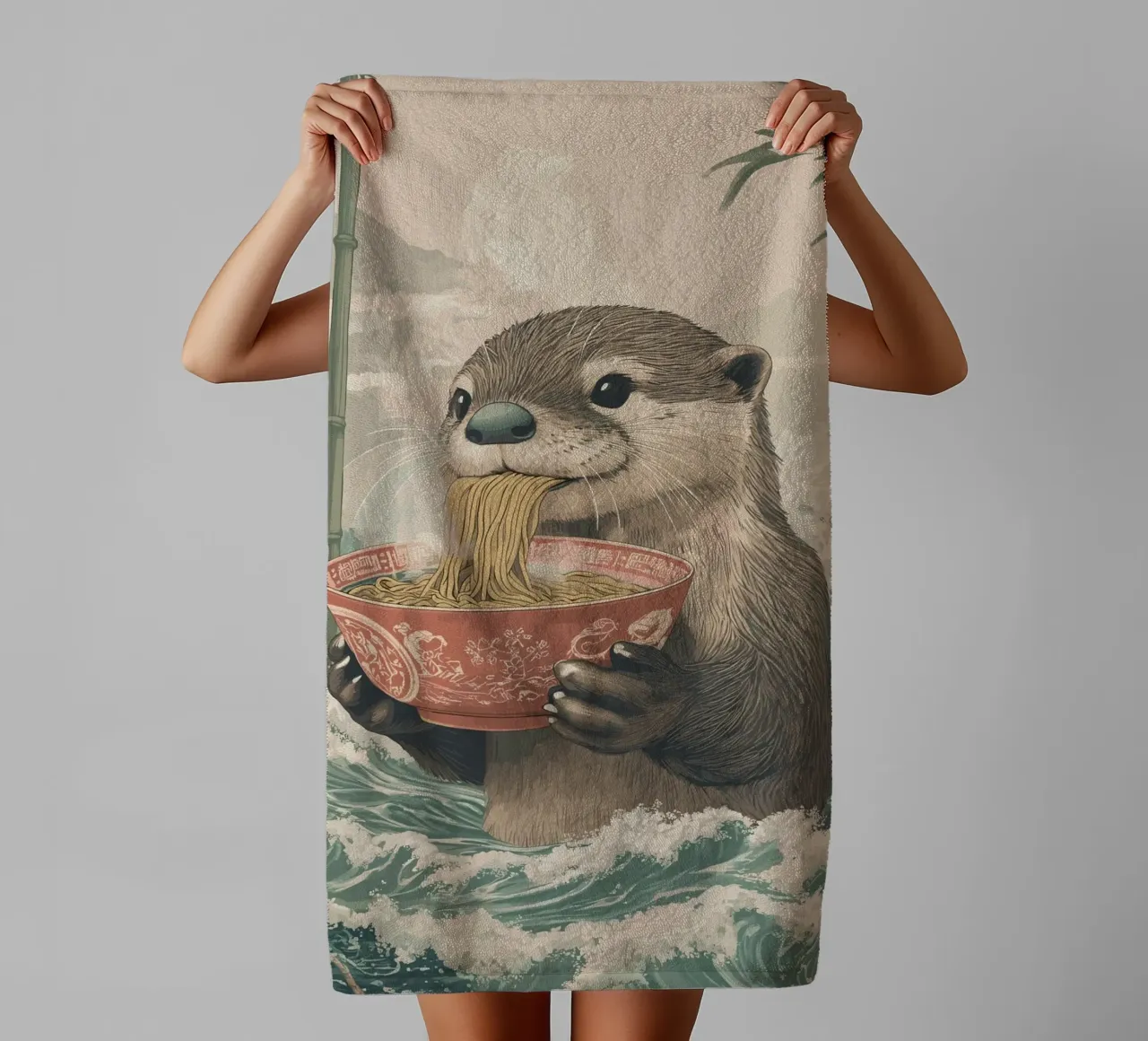 Lontra con ramen in una marea di Estremo Oriente asciugamano da bagno da pixelbull - medieval art and more