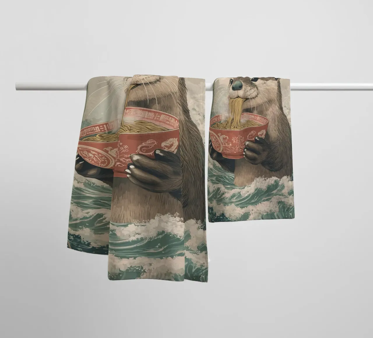 Lontra con ramen in una marea di Estremo Oriente asciugamano da bagno da pixelbull - medieval art and more