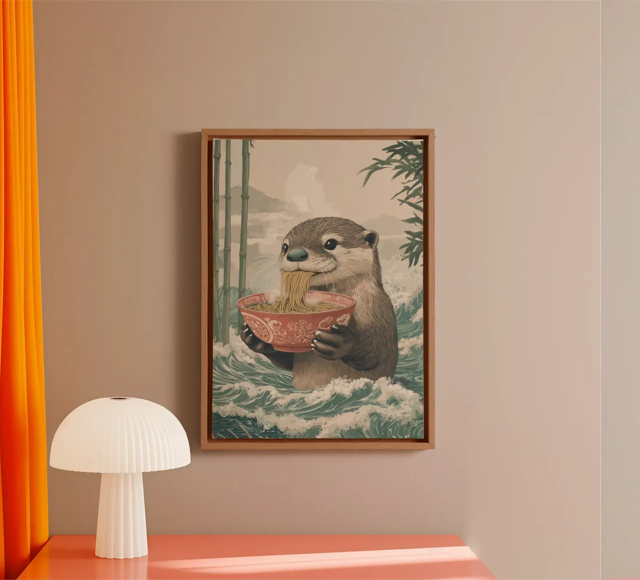 Otter with ramen in a Far Eastern tide canvas with Floater frame by pixelbull - medieval art and more
